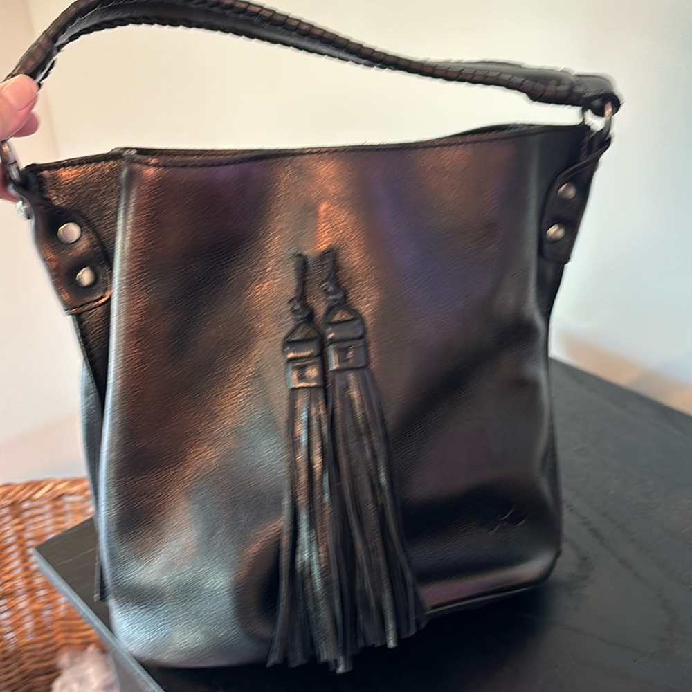 Patricia Nash copper glazed black leather bucket bag